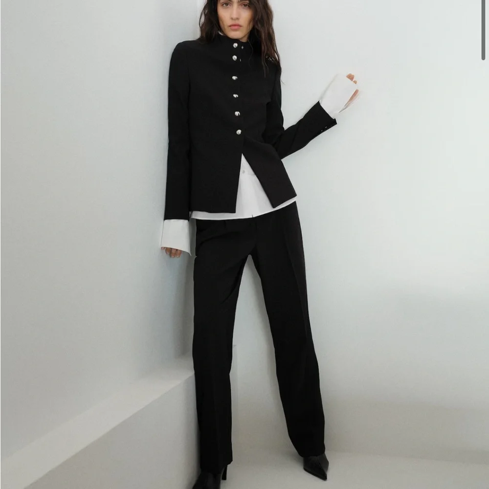 Mango Black Mandarin Collar & Jewel Buttons Women's Blazer, new with tags